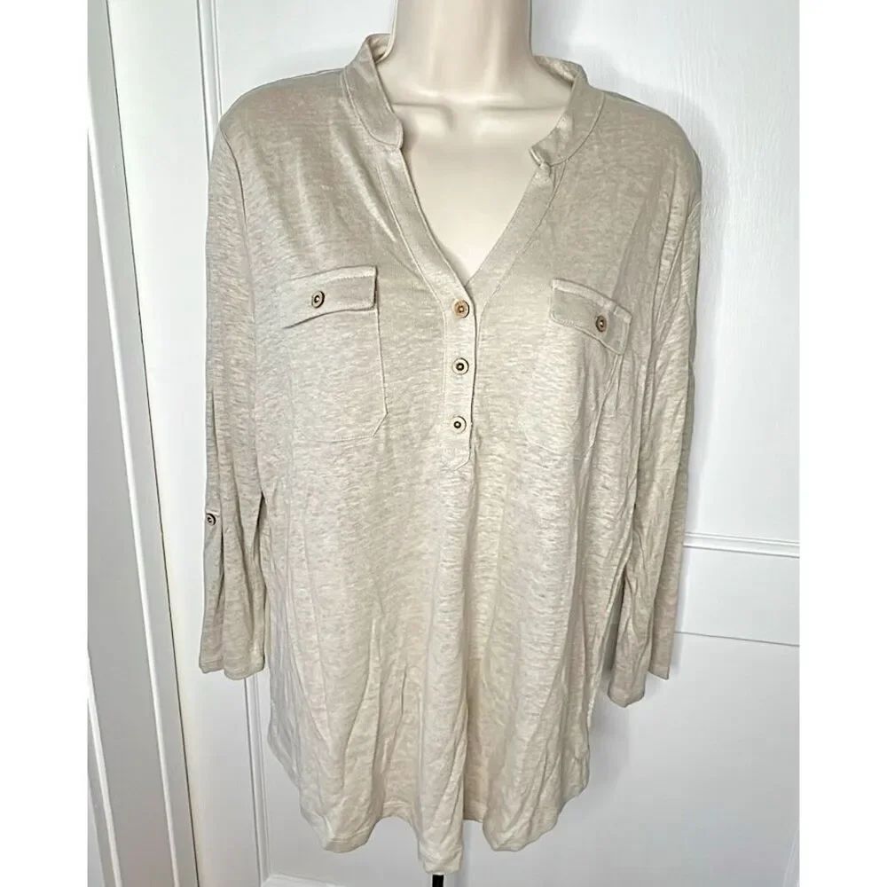 Willi Smith Linen Henley V-Neck Top Size Large